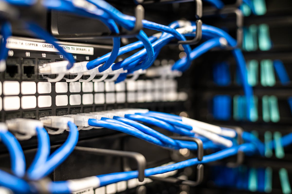 Network cabling connected to a server rack