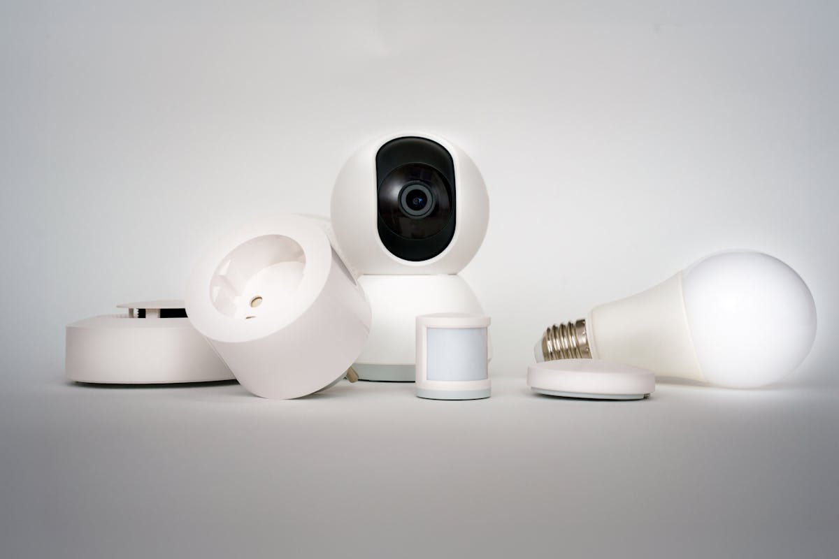 Smart home devices arranged on a table